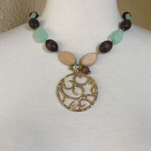 Necklace Wood and‎ Stone w/Gold Brown and Green